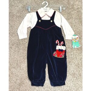 Tiny Tots Overalls Set Vintage NWT Christmas Stocking Kids 18M Navy Blue Velvet